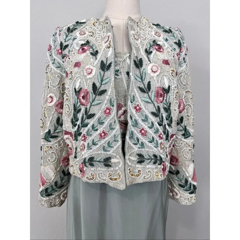 Vintage Richilene Beaded Jacket Silk Slip Dress Set Embroidered Formal XS/ S